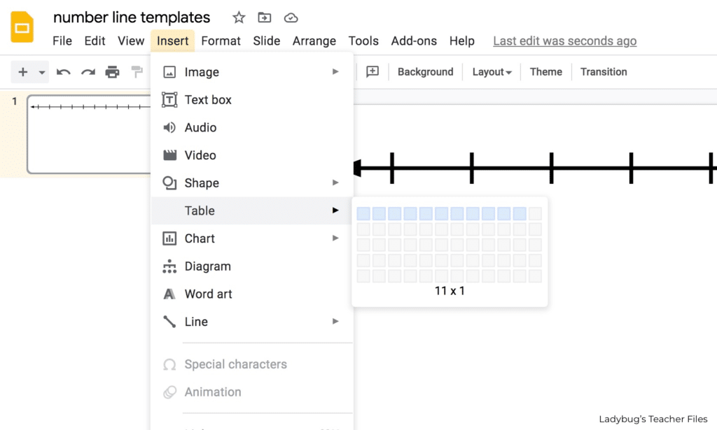 create a new table with eleven columns and one row