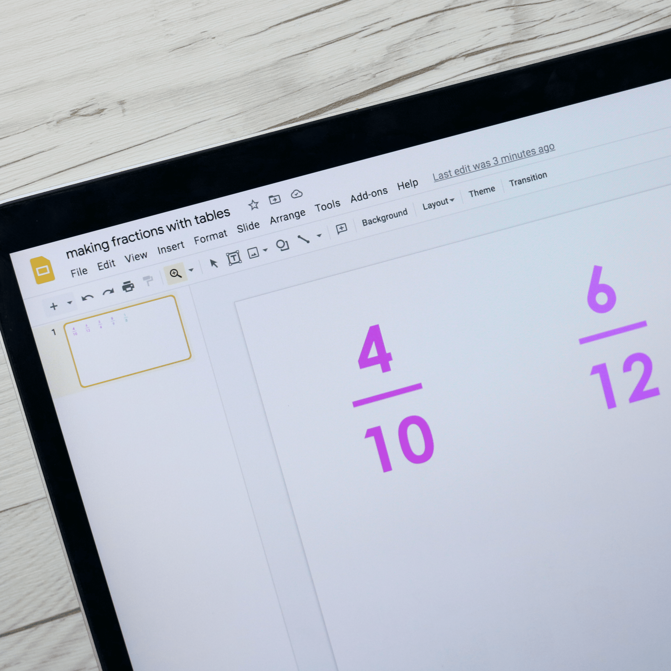 making fractions in tables with google slides